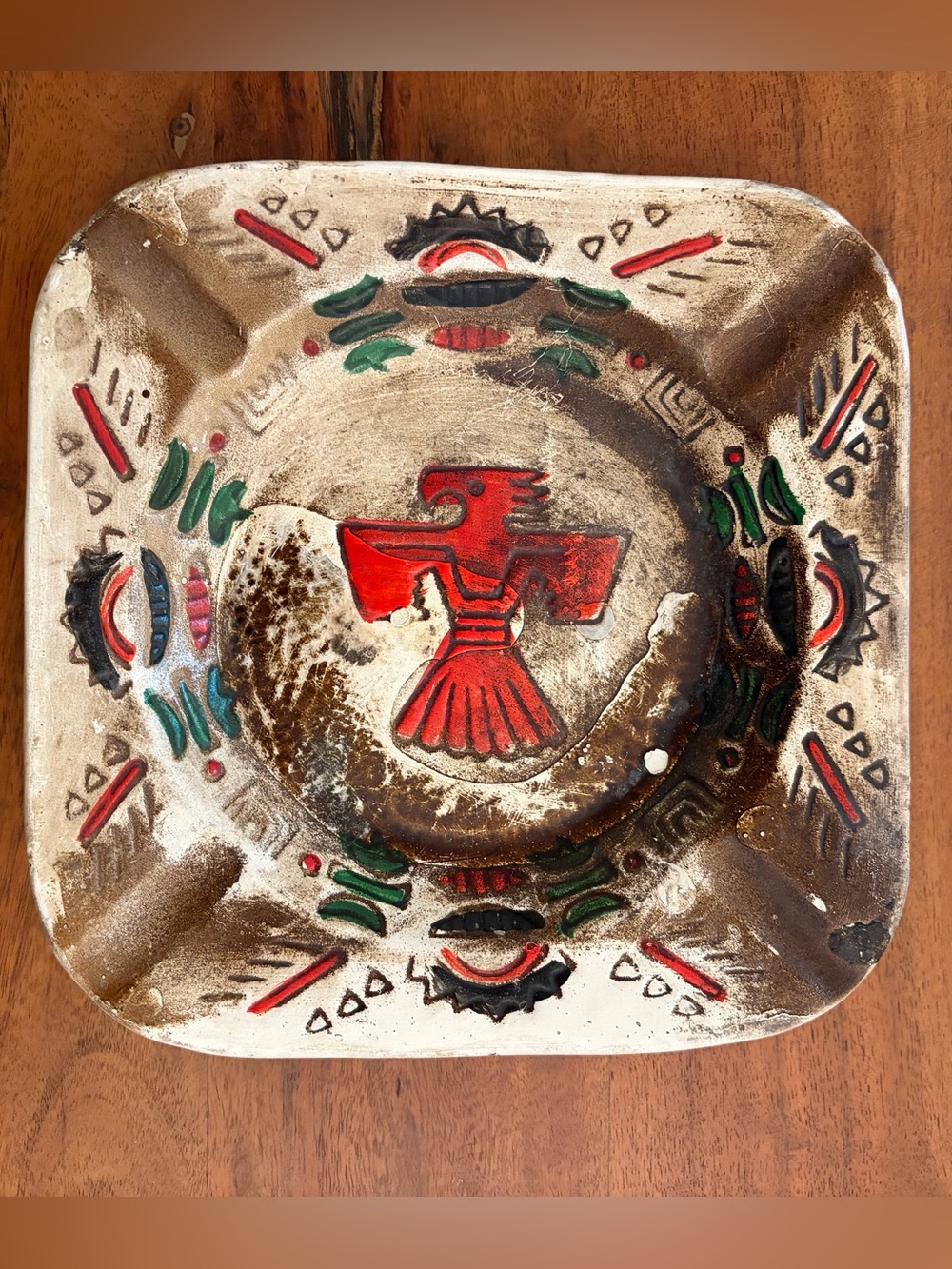 Vintage Southwestern Ceramic Thunderbird Ashtray 7” Mid Century Tribal Pottery